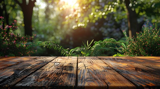 Photo une table en bois sur un beau fond flou