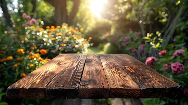 Une table en bois sur un beau fond flou