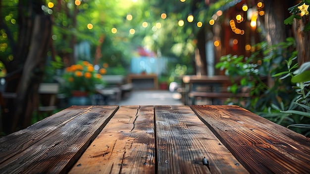 Une table en bois sur un beau fond flou