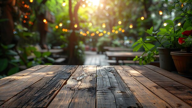 Une table en bois sur un beau fond flou