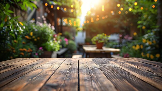 Une table en bois sur un beau fond flou