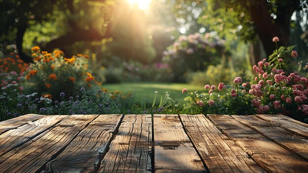 Photo une table en bois sur un beau fond flou