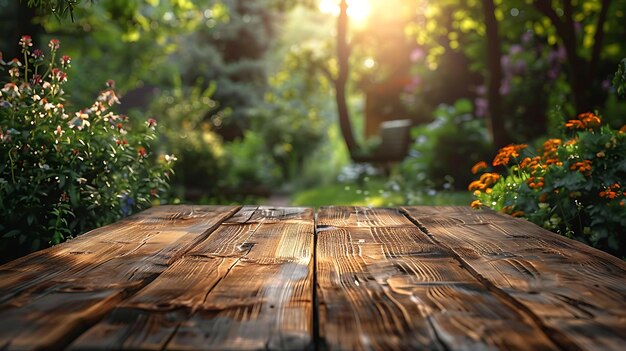 Une table en bois sur un beau fond flou