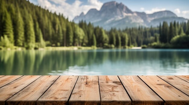 table en bois sur un beau lac