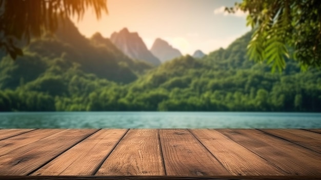 table en bois sur un beau lac