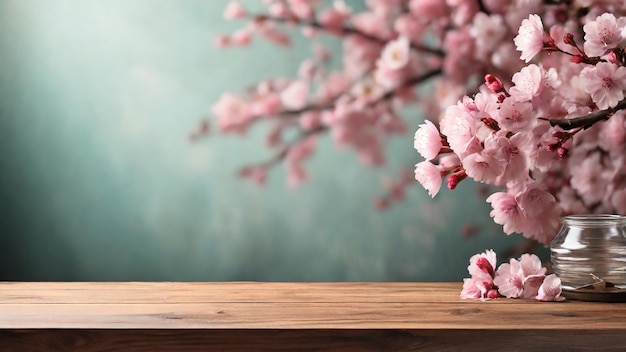 Table en bois avec de belles branches de sakura en fleurs sur un fond coloré