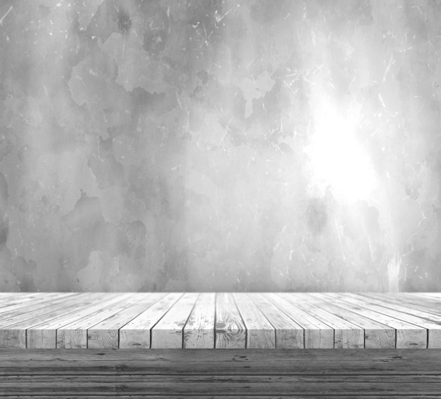 Table en bois blanc 3D donnant sur un mur de grunge