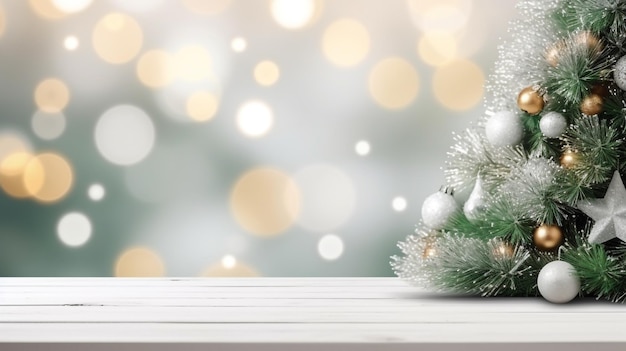 Table en bois blanc avec fond de fête de Noël flou or neige fond d'hiver pour le produit