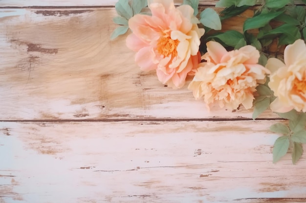 Une table en bois avec un bouquet de fleurs dessus