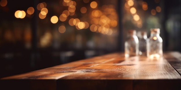 Une table en bois avec une bouteille de bière dessus