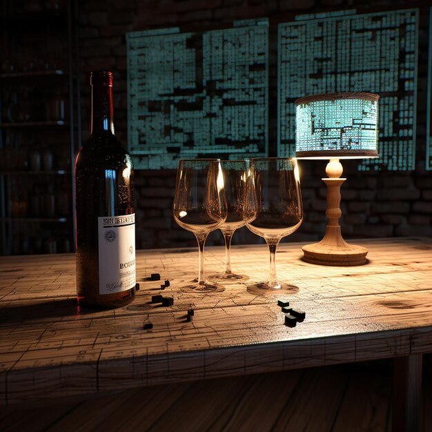 Table en bois avec des bouteilles de vin et une vitrine élégante