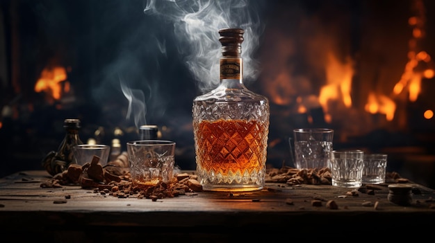 Une table en bois brûlant tient une bouteille de whisky à l'ancienne.