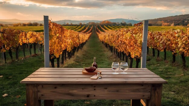 Photo table en bois brun dans un paysage de vigne d'automne avec un espace vide pour l'affichage des produits