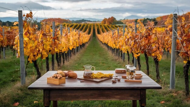 Photo table en bois brun dans un paysage de vigne d'automne avec un espace vide pour l'affichage des produits