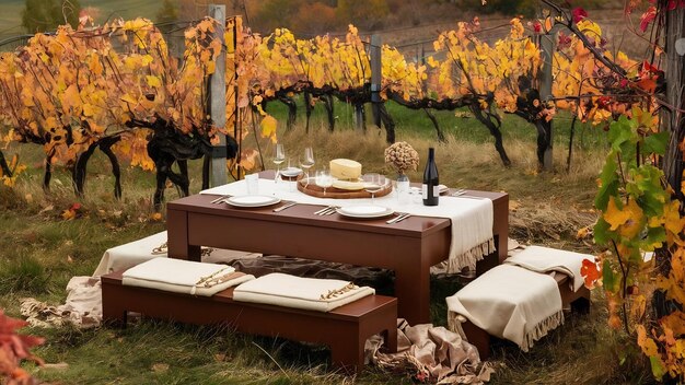 Photo table en bois brun dans un paysage de vigne d'automne avec un espace vide pour l'affichage des produits