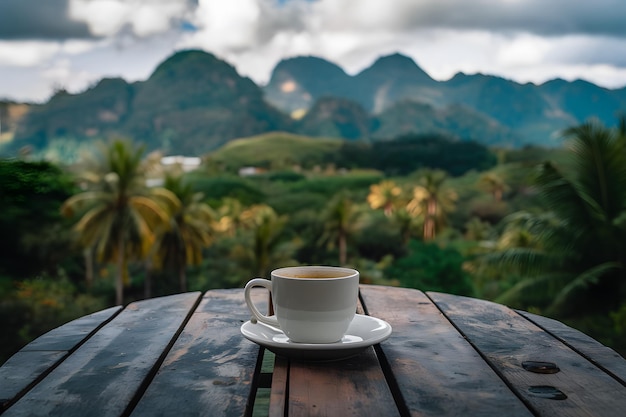 Table en bois brun avec un paysage de montagne tropicale flou