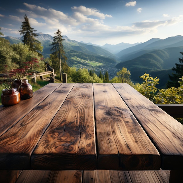 Table en bois charme rustique sur un jardin vert luxuriant arrière-plan génératif Ai.