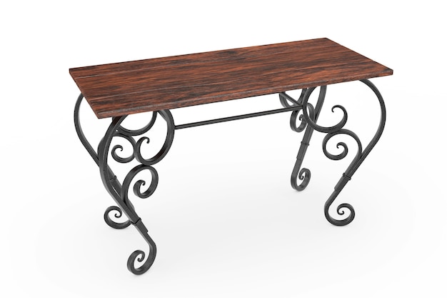 Table en bois classique vintage avec pieds en fer sur fond blanc. Rendu 3D