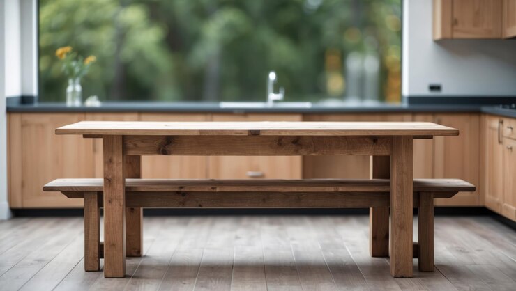 Photo une table en bois confortable dans une cuisine moderne et lumineuse, parfaite pour les repas.