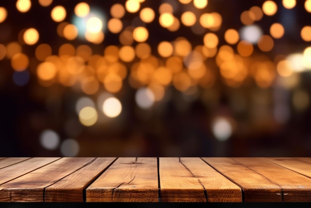 Table en bois confortable devant des lumières de restaurant floues abstraites créées avec des outils d'IA générative