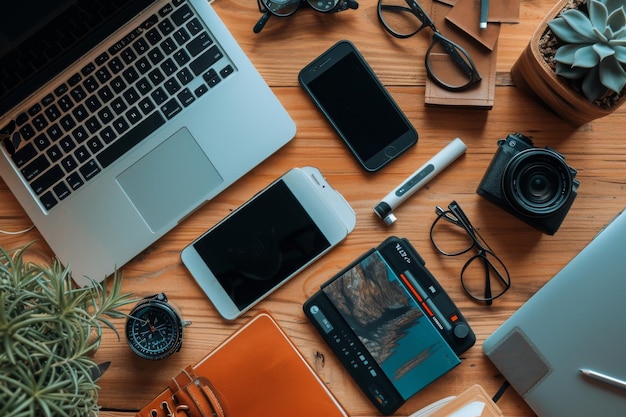 Une table en bois contenant une variété d'appareils électroniques et un ordinateur portable Divers outils et appareils de communication utilisés dans le télétravail