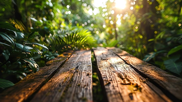 Table en bois contre plancher podium dans la nature en plein air forêt tropicale jardin jungle verte floue