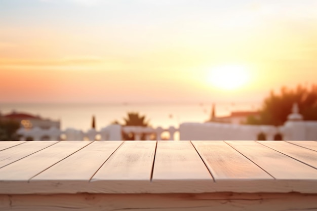 Une table en bois avec un coucher de soleil en arrière-plan