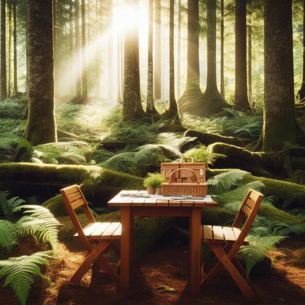 Une table en bois dans un cadre forestier