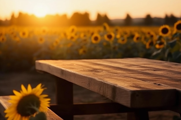 Table en bois dans un champ de tournesols