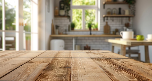 Table en bois dans la cuisine à côté de la fenêtre