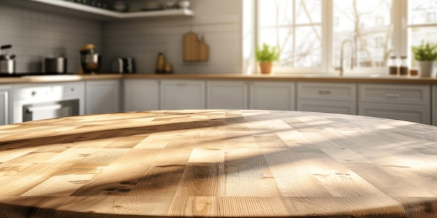 Table en bois dans la cuisine à côté de la fenêtre.