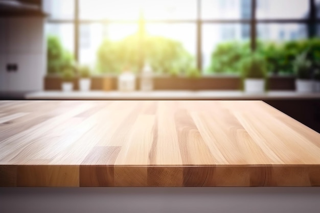 Une table en bois dans une cuisine avec une fenêtre derrière elle