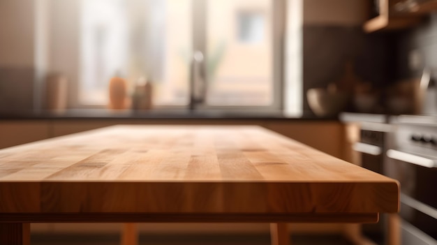 Une table en bois dans une cuisine avec une fenêtre derrière elle.