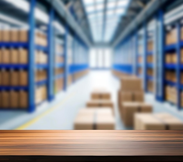 Une table en bois dans un entrepôt avec un fond bleu et le mot expédition dessus.