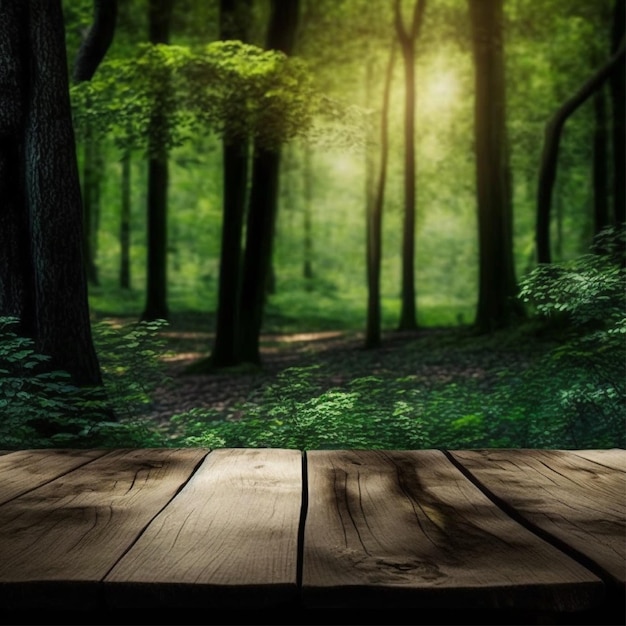 Une table en bois dans une forêt avec un fond de forêt