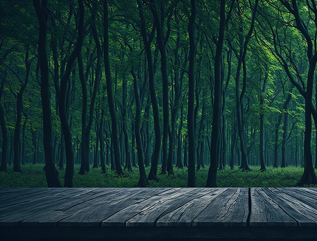 Une table en bois dans une forêt avec un fond vert et un fond vert avec un arbre au milieu.