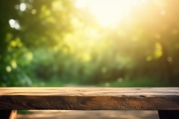 Table en bois dans la forêt avec la lumière du soleil