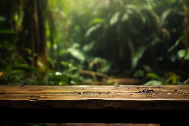 Table en bois dans la forêt tropicale arrière-plan flou