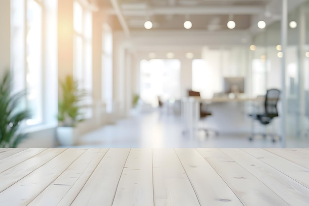 Photo table en bois dans l'intérieur du bureau avec un espace vide dans le style de détails floues avec beaucoup de fenêtres