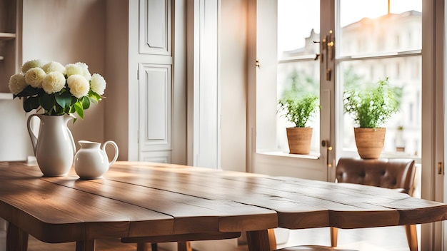 Table en bois dans l'intérieur d'une maison vide sur le fond flou dans une pièce lumineuse vibrations du matin d'été