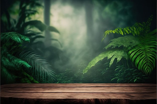 Une table en bois dans une jungle avec un fond feuillu