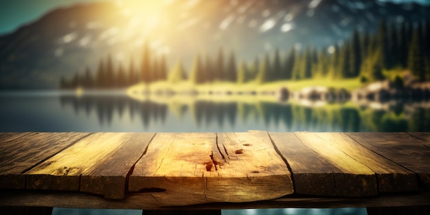 Table en bois dans le lac sur la montagne avec lumières Bokeh