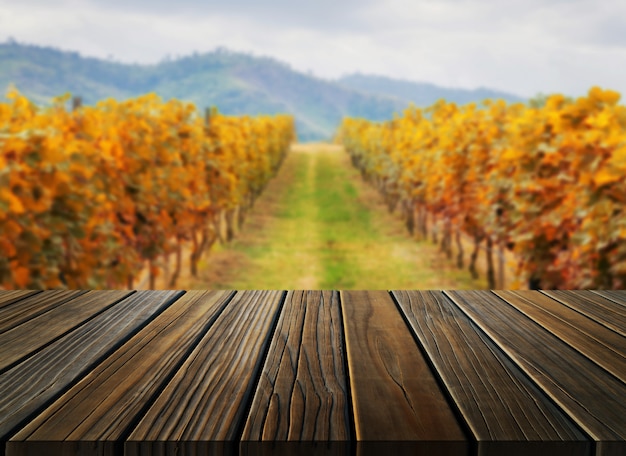 Table en bois dans le paysage de vigne automne.