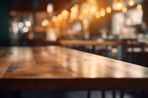 Une table en bois dans un restaurant avec un panneau indiquant "le mot bar" dessus