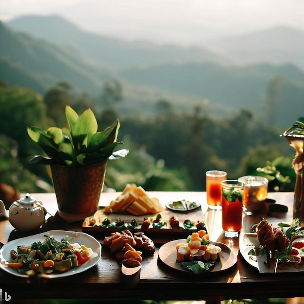 Sur une table en bois, de délicieux plats avec vue sur la montagne