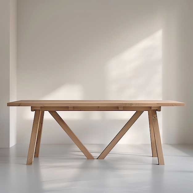 une table en bois avec un dessus en bois est assise dans une pièce avec un mur blanc derrière elle