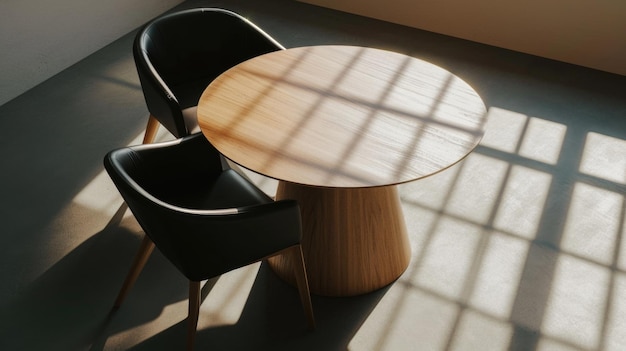 Une table en bois avec deux chaises noires est assise dans une pièce avec une fenêtre