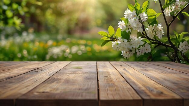 Table en bois devant un arbre en fleur Arrière-plan du printemps