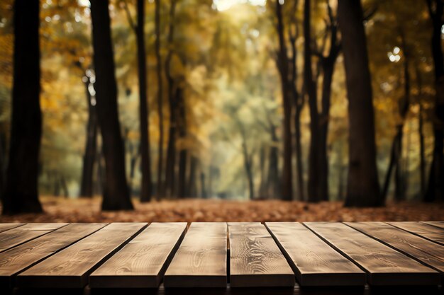 une table en bois devant des arbres