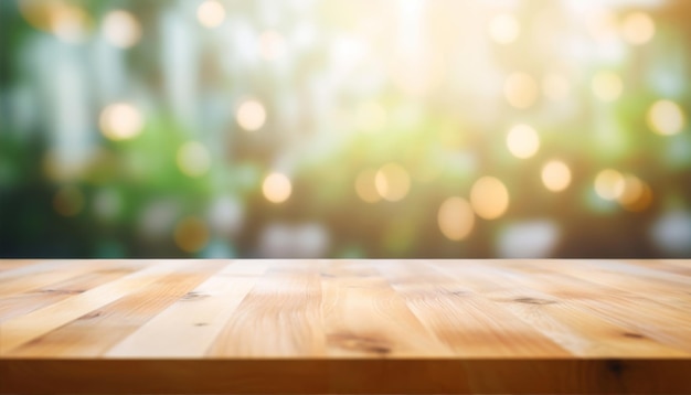 Une table en bois devant un arrière-plan flou avec des lumières bokeh